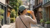 Person walking through a sunny, narrow street lined with plants and buildings while drinking from an orange beverage bottle.